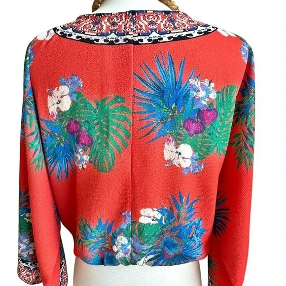 Flying Tomato Wrap Blouse Orange Multicolor Boho Tropical Elastic Waist Medium - Picture 4 of 12